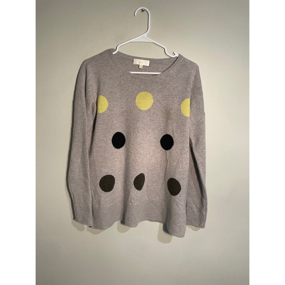 Lisa Todd Gray Crewneck Sweater with Yellow, Black and Olive Polka Dots